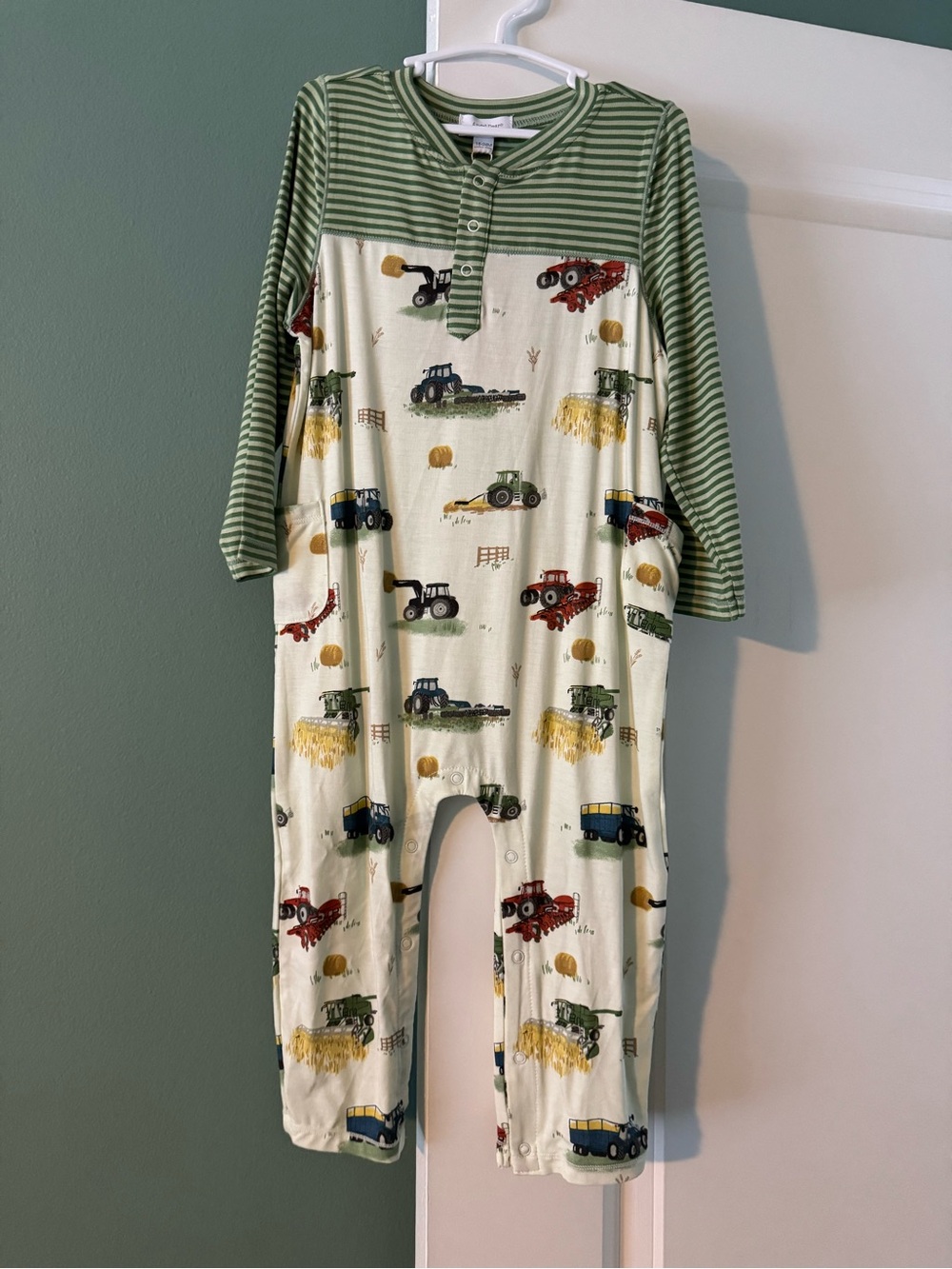 Angel Dear Green Striped & Cream Tractor Print Romper